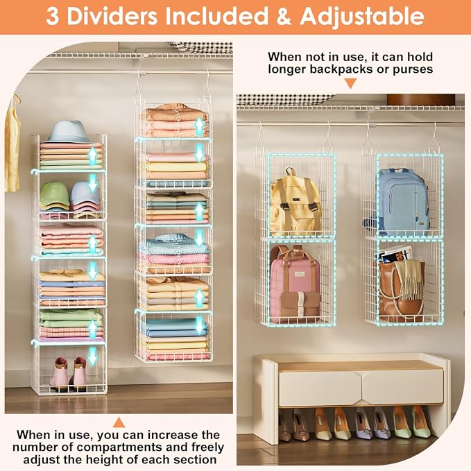 Yuyetuyo 6 Tier Raised-Height Hanging Closet Organizer, Stackable Sweater Organizer for Closet, Wire Storage Basket Bins for Clothes Purse Shoes, Hanging Shelves with 4 Hooks & 3 Dividers Adjustable - Image 7