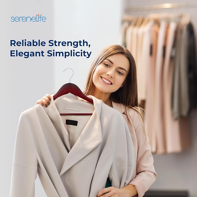 SereneLife 10-Pack Wooden Coat Hangers – Durable Suit Hangers with 360° Swivel Hook & Notches – Slim Design for Sweater, Shirts, Jackets, Dresses, and More - Image 7