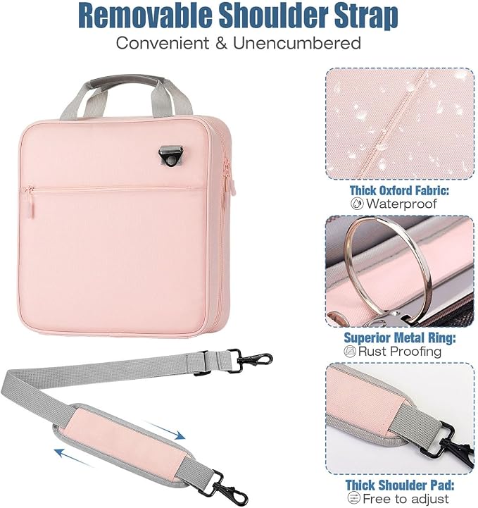 MoKo Zipper Binder, 2-Inch 3 Ring Binder with Zipper, 500 Sheets Capacity Zipper Binders with Shoulder Strap & Handle, Multi-Pocket Zipper Bag Organizer for Work School, Pink & Gray - Image 4