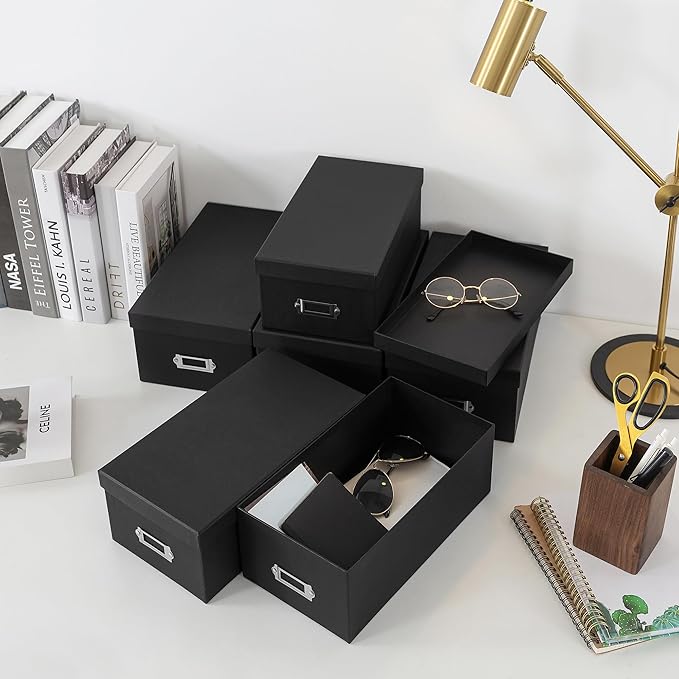 Soul & Lane - Black Photo Storage Boxes with Lids, Set of 6 in 2 Sizes | Cardboard Picture Organizers with Label Holders for Crafts and Collectibles, Stackable Keepsake Containers for Shelf Decor - Image 7