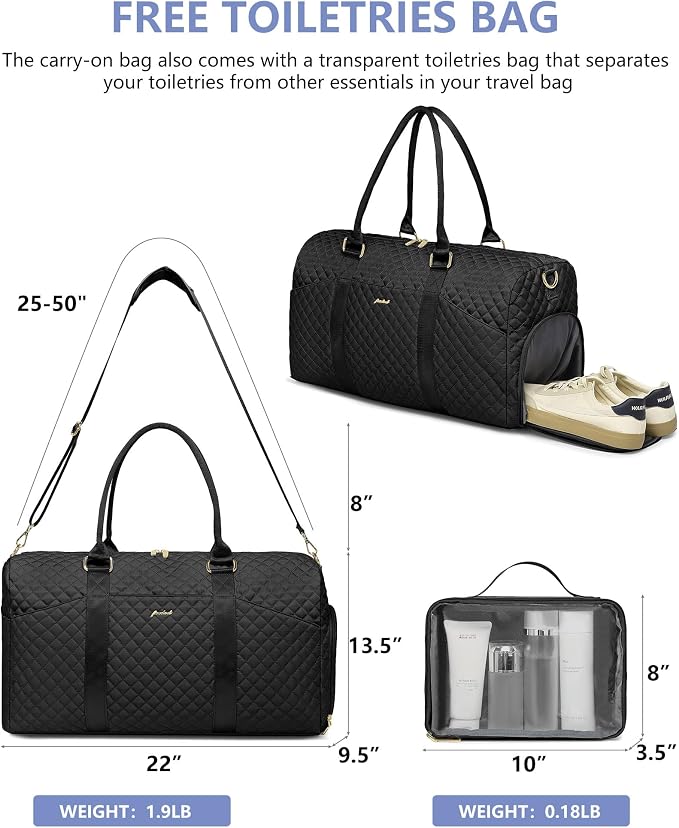 Women Weekender Travel Duffle Bag: Travel Duffel Overnight Bags with Shoe Compartment Large Carry on Tote with Toiletry Bag Weekend Traveling Yoga Gym Hospital Bag for Women with Wet Pocket Black - Image 3