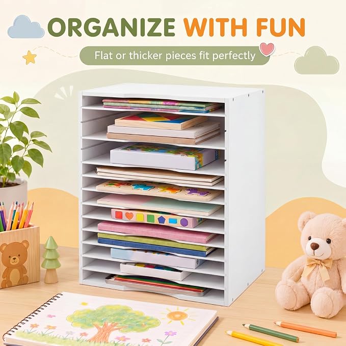 Ripeng 1 Pack Bamboo Puzzle Holder Rack, 12-Tier Adjustable Storage Organizer for Flat and Thick Jigsaw Puzzles, Space Saving Desktop Shelf, Gift for Craft Jigsaw Puzzle Lovers (White) - Image 6