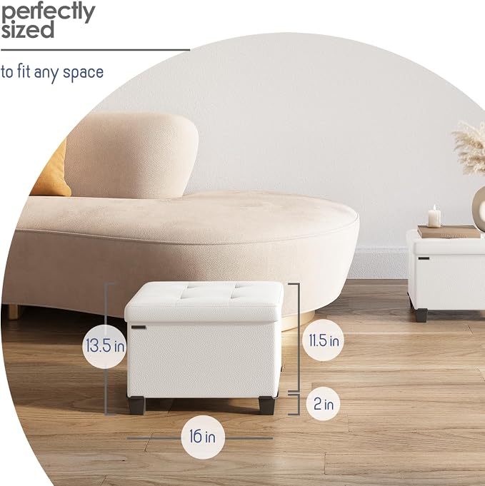 Storage Ottoman Cube with Small Bin, 16-in Square Ottoman with Storage for Living Room and Bedroom, Small Ottomans Foot Rest, Leather Foot Stools Ottomans Max 330lbs, Cream - Image 8