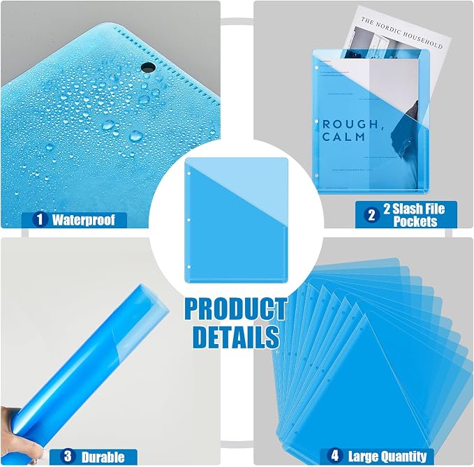 Seajan 48 Pcs Binder Pocket Folders, Clear 3 Ring Binder, Blue | Plastic Folders Sleeves with 2 Pockets, Poly Slash File Jackets, 3 Hole Punched Dividers for School, Office, Documents - Image 4