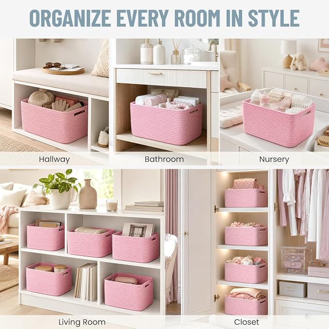 5 Pack Woven Storage Baskets, Decorative Storage Bins for Organizing | 13.8'' × 9.8'' × 7.9'', Cute Cotton Rope Basket Organizer for Closet, Shelves, bathroom, Nursery, Toys, Books, Pantry, Pink - Image 4