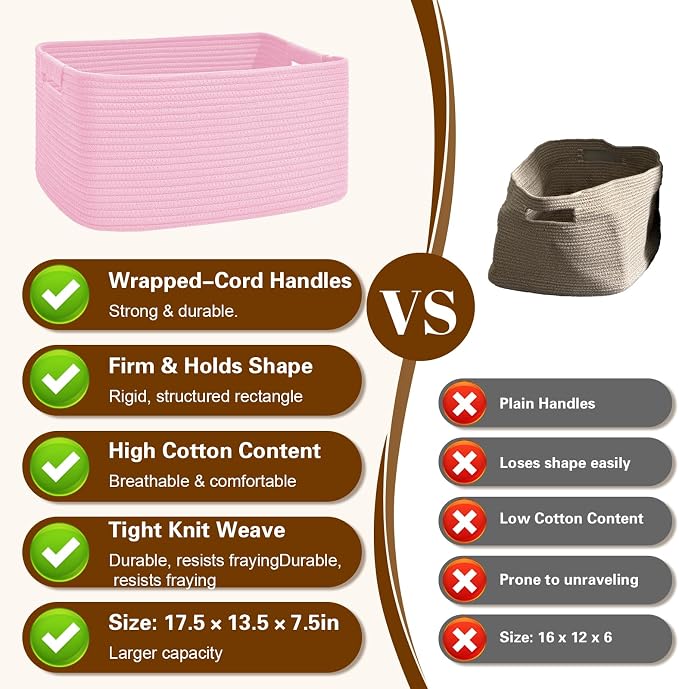 3 Pack Large Storage Basket for Organizing, 17.5"x13"x7" Woven Basket for Shelves, Closet Cube Storage Bins with Wrapped Handle, Cotton Rope Baskets for Kitchen, Clothes, Toys(Light Pink) - Image 6