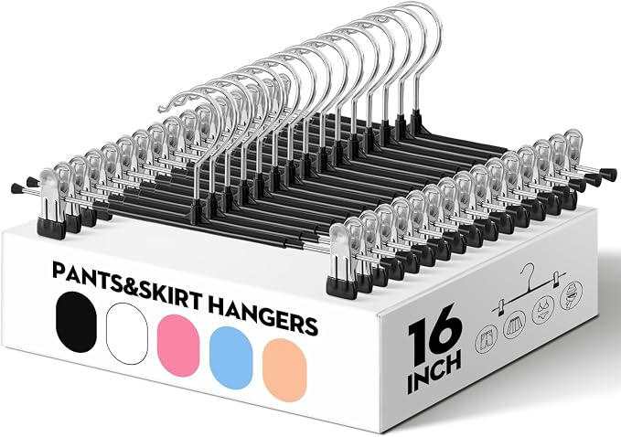HUADYMEET 16 Inch Extra Wide Pants Skirt Hangers with Clips,Black,50 Pack | Metal,Extended-Length,Non-Slip,Adjustable,Heavy Duty Hanger for Jeans Shorts Clothes Slacks Trousers,For Adult Men Women by HUADYMEET