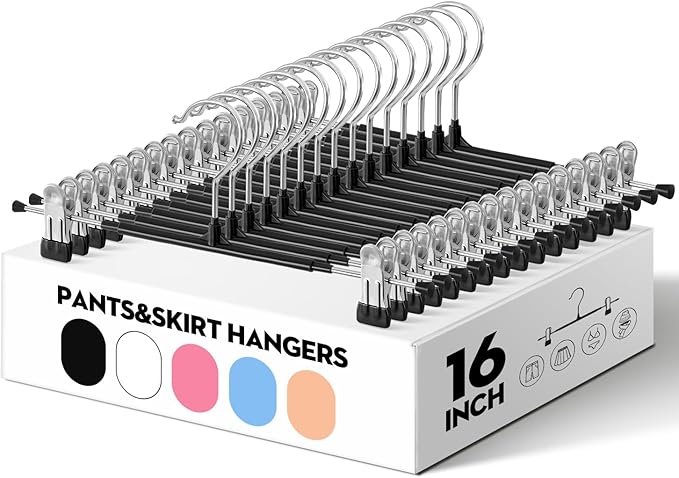 HUADYMEET 16 Inch Extra Wide Pants Skirt Hangers with Clips,Black,20 Pack | Metal,Extended-Length,Non-Slip,Adjustable,Heavy Duty Hanger for Jeans Shorts Clothes Slacks Trousers,For Adult Men Women by HUADYMEET