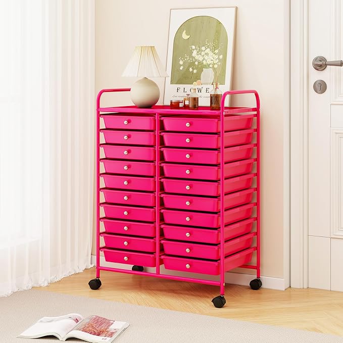 RELAX4LIFE 20-Drawer Rolling Storage Cart - Mobile Rolling Cart w/Drawers for School Classroom Teacher Office Home Salon, Paper File Art Supply Craft Organizer, Utility Cart on Wheels (Hot Pink) - Image 2
