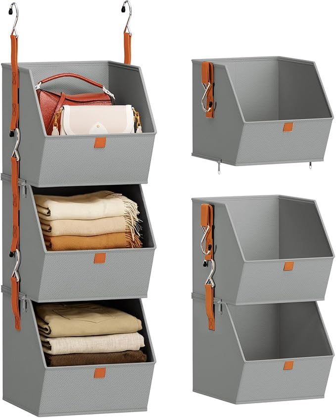 Collapsible Hanging Closet Organizer - 3 Tier Closet Shelves Storage System with Hooks, Fabric Hanging Storage Bins for Clothes, Foldable Storage Basket for Laundry, Bedroom, Rv, Grey by Homsorout