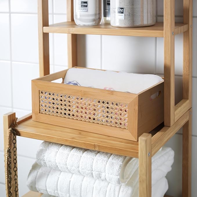 Rattan Wooden Box Set of 4 Handmade Decorative Storage Basket with Handles | Natural Bamboo Woven Storage Basket Rustic Farmhouse Decor Home Office Tabletop Shelf Drawer Closet Desk Organizer, Natural - Image 9