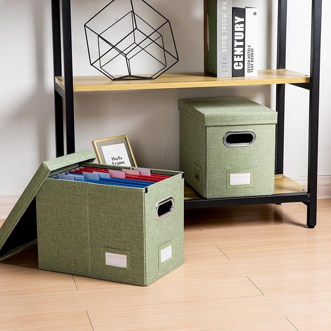 File Organizer Box - Set of 4 Collapsible Decorative Linen Filing Storage Hanging File Folders with Lids Office Cabinet Letter Size Green (14x9.3x10.8 inch) - Image 3