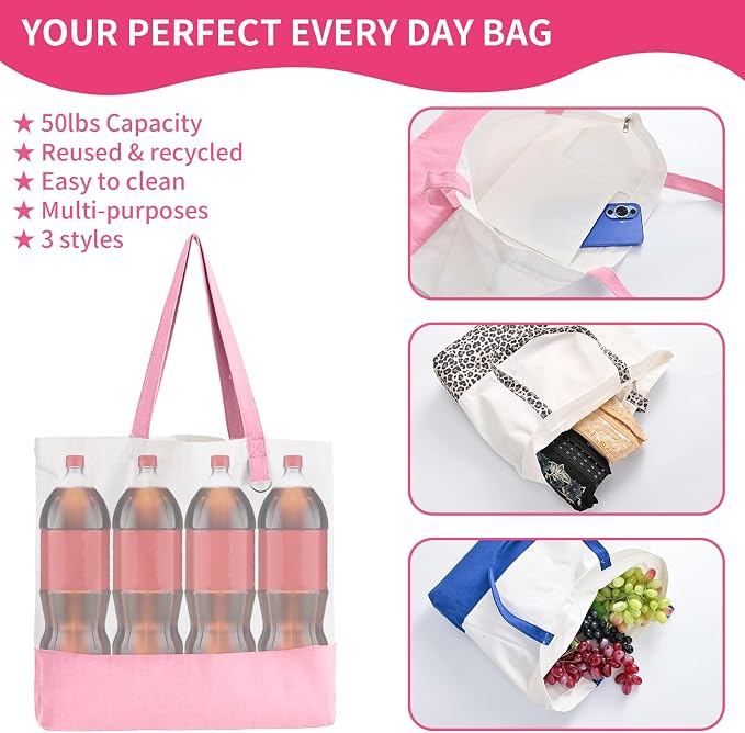 6-Pack Canvas Tote Bags with Zipper, Large Grocery Tote, Multicolour | Reusable, washable, inner pocket, flat bottom, sturdy handle, for sublimation DIY/transfer, travel/beach/gift/Christmas craft - Image 3