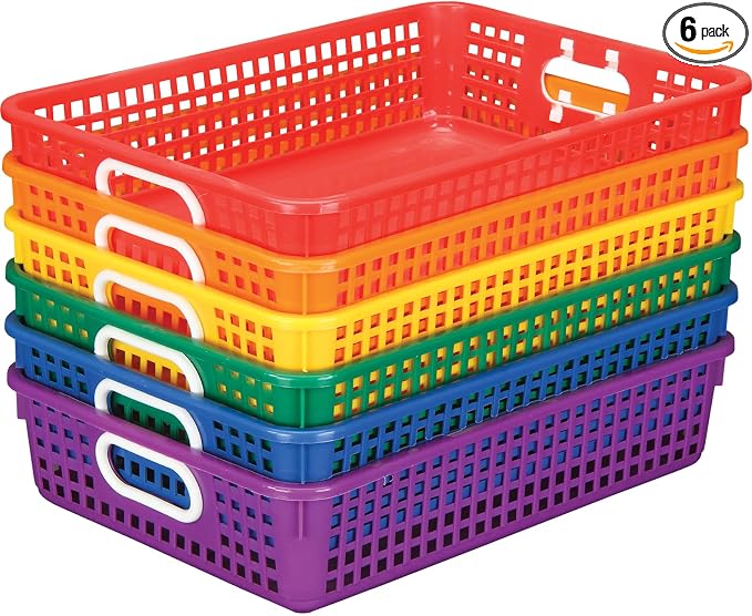 Really Good Stuff Small Desktop Paper Storage Baskets, 14" x 10" x 3.25" | 6-Pack, Rainbow Group Colors, Mesh Baskets for Classroom or Home, Secure Papers Crease-Free by ReallyGoodStuff