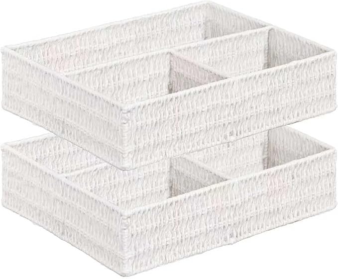 Wicker Divided Storage Basket, White Wicker Baskets, Basket for Shelves Drawer Organizing, 3 Section Rectangular Woven Storage Baskets, 2-Pack by Vagusicc