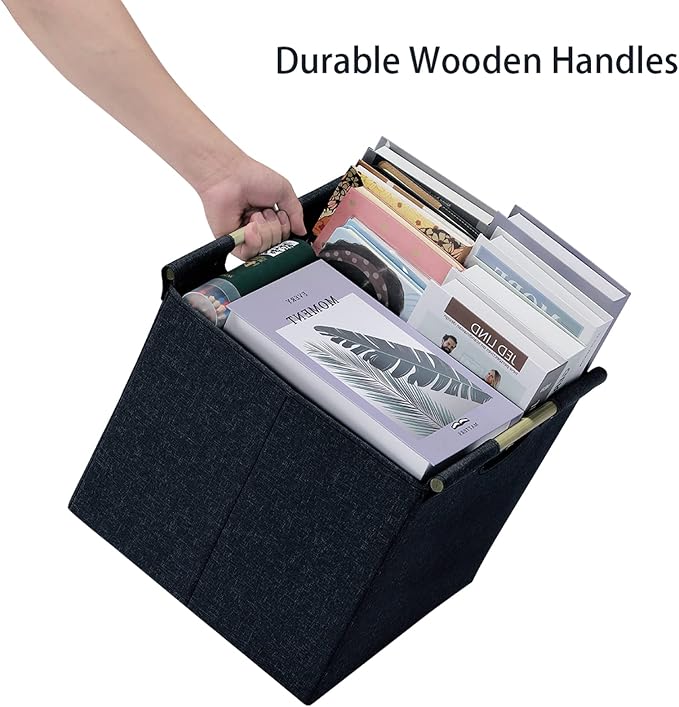 HOONEX Collapsible Storage Bins, 12x12x12in Storage Cubes Linen Fabric, 3 Pack, Storage Baskets with Wooden Carry Handles and Sturdy Heavy Cardboard, for Home, Office, Car, Nursery, Dark Grey - Image 6