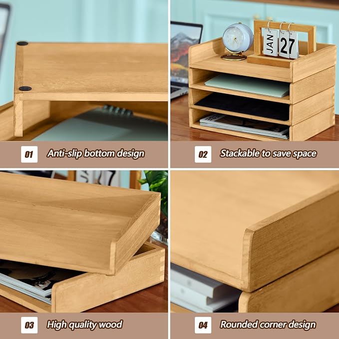 Yeaqee 4 Pcs Stackable Paper Organizer Tray Wood Desk Organizer Letter Tray Desktop Letter Size Office Wooden Desk Shelf Paper Holder Folder Organization Rack for Mail File Document(Light Wood Color) - Image 3