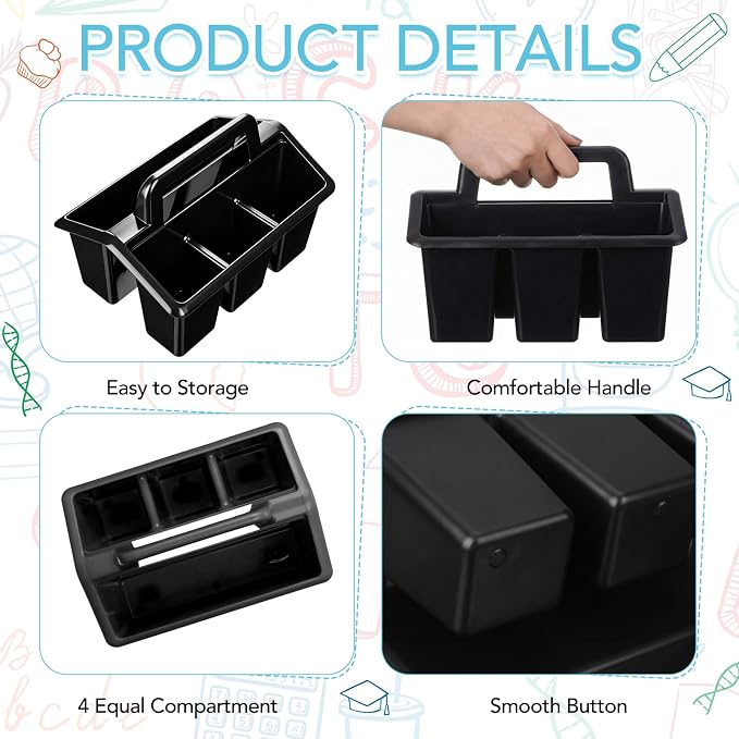 WILLBOND 18 Pcs Classroom Storage Caddies Stackable Utility Caddies with 4 Compartment Plastic Caddy with Handle Portable Classroom Storage Bins Organizers for Kindergarten School Supplies (Black) - Image 5