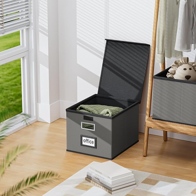 Foldable File Organizer Box with Lids (4 Pack, Dark Gray, Leather) | File Box with Plastic Slides for Document, Filing Bin for Letter Size Hanging File Folders (4 Pack, Dark Gray, Leather) - Image 5