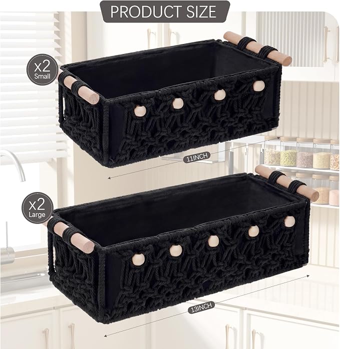 Vesici 4 Pcs Black Macrame Storage Basket for Shelves 13 in 11 in Boho Storage Basket Hand Woven Boxes with Wood Handles Beads Decorative Countertop Toilet Tank Cabinet Organizer for Home Room Decor - Image 2