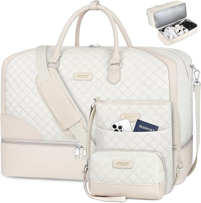 ITIEZY Weekender Bag for Women 21.5" Travel Duffel Large Carry On Bag 3PCS | Nylon Duffel Bag with Waterproof Shoe Compartment, Crossbody Bag and Toiletry Bag, Travel Weekend Hospital Overnight Gym Bag by ITIEZY