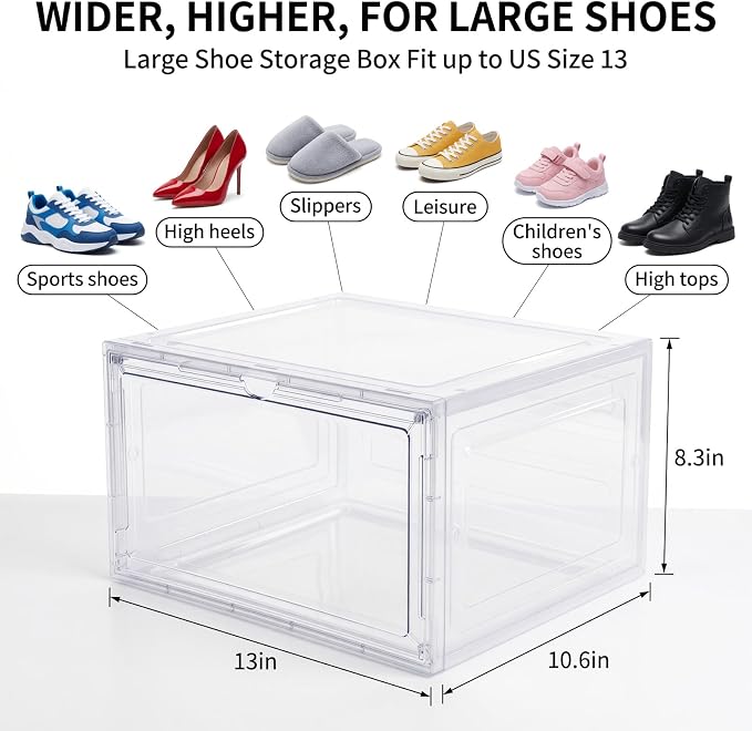 X-Large Clear Stackable Shoe Storage Box 8 Pack, Drop Side Shoe Organizers | Fits US Size 13 Sneakers Storage, Hard Plastic Shoe Containers with Magnetic Drop for Closet Storage and Sneaker Display - Image 2
