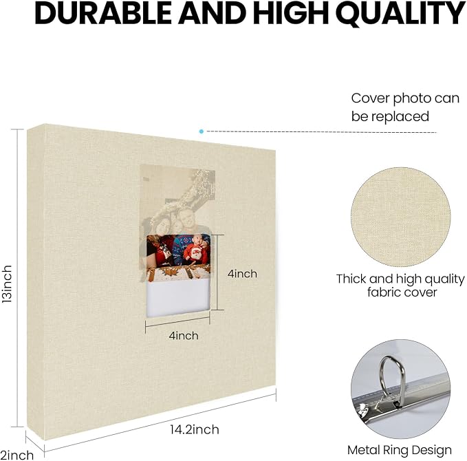 3 Ring Binder 12x12 Inch Large Scrapbook Photo Album, Linen Cover Scrap Book with 30 Plastic Sleeves 60 Pages 12 x 12 Scrapbooks White Pages for Wedding Couples Baby Travel Mothers Day Gifts(Beige) - Image 6