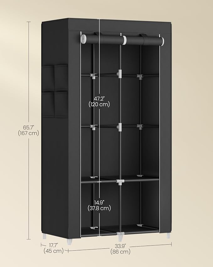 SONGMICS Portable Closet with Cover, 2 Hanging Rods and Shelves | Wardrobe Closet Organizer, 4 Side Pockets, 33.9 x 17.7 x 65.7 Inches, Black, RYLAN Collection URYG091B01 - Image 6