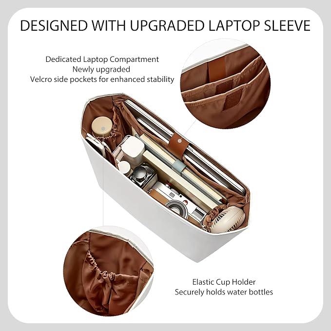 Laptop Sleeves Purse Organizer Insert for Coach City Tote 33, Lightweight Dupont Paper Tote Bag Organizer Storage Dividers with Cup Holder, 7 Pockets Bag Insert with Zipper,White-Brown - Image 3