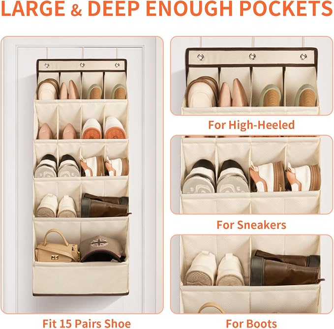 1 Pack Over the Door Shoe Organizers, Hanging Organizers with Large Pockets | with Large Deep Pocket Shoe Holder for Closet Shoes Rack for Wall, Over Door Shoe Storage Hold up to 18 Pairs Shoes, Beige - Image 3