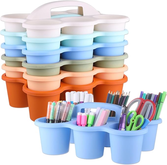 6 Pack Classroom Caddy Organizer with Handle, 6 Compartments, Morandi | Stackable Plastic Table Caddies, 12x9x3.5 In, caddy Organizer for School Supplies, Crayons, Pencils, Crafts and Drink Cups by gisgfim