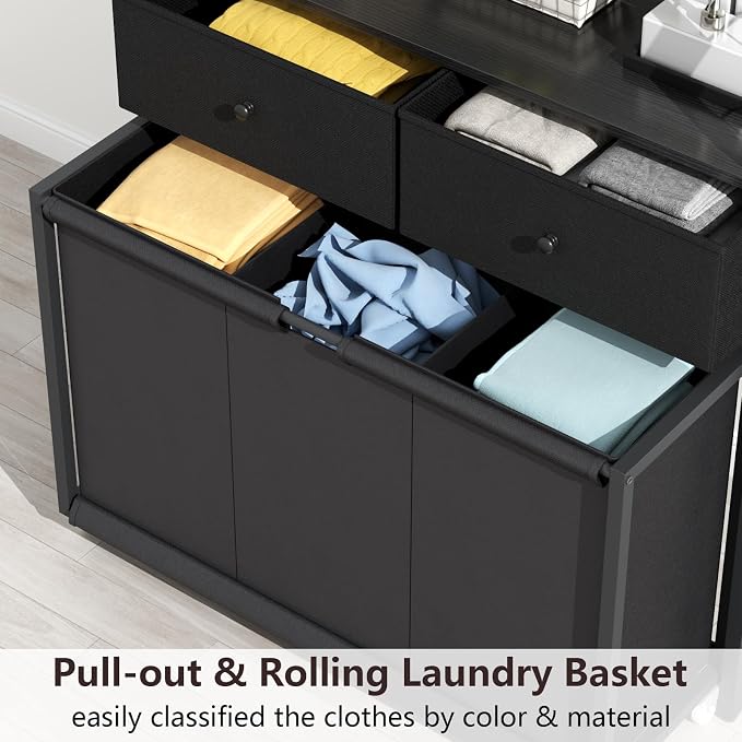 STIKELY Laundry Hamper Laundry Basket with 3 Section Pull-Out Rolling Bags & 2-Tier Storage Shelf, Laundry Sorter for Organization and Storage with 2 Drawers for Laundry Room, Bathroom - Image 4