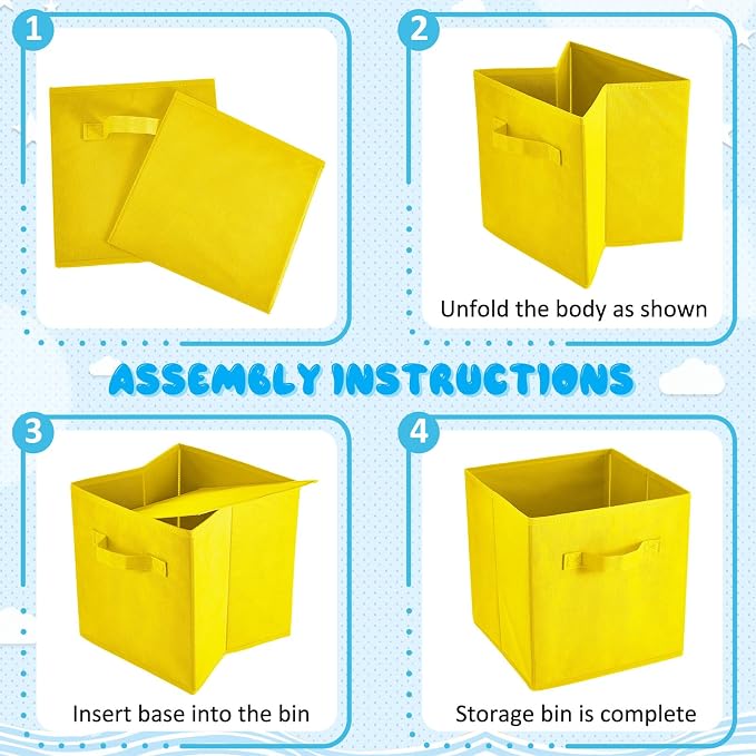 Yinder 12 Pcs Cube Storage Bin 10.5''x10.5''x11'' Storage Bins for Playroom Decor Colorful Bins for Kids Foldable Baskets for Nursery Organizer Boxes Fabric Boxes (Sky Blue, Green, Yellow, Dark Blue) - Image 5