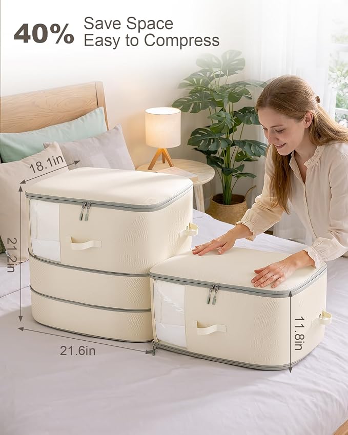 Comforter Storage Bag - 3-Layer 4-Pack Self Compression Organizer, Closet Organizers and Storage, Under Bed Space Saver, Blanket Organizer for Bedding, Pillow, Sheet, Clothes, Nursery Use - Image 3