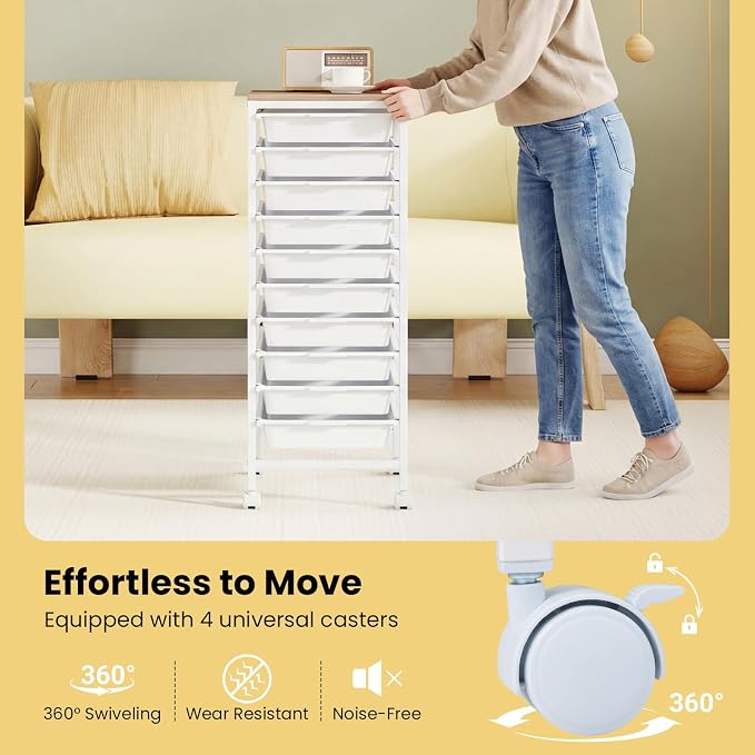 Rolling Storage Cart with 10 Drawers, Plastic Craft Organizer on Wheels with Wooden Top, Mobile Art Supply Utility Cart for Classroom, Home, Office - Image 6