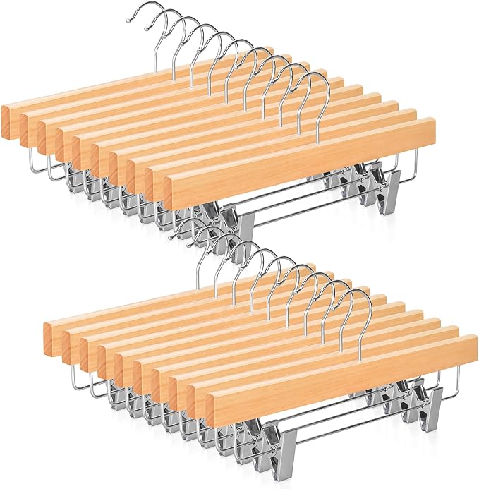 TOPIA HANGER Lotus Wood Pants Hangers, Natural Wooden Skirt Short Jeans Trouser Hanger with Smooth Surface 360° Swivel Hook Anti Rust 2 Adjustable Clips, 20 Pack, CT10PY20 by TOPIAHANGER