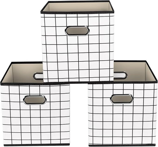 Yunkeeeper storage bins Cubes, Fabric Cube Organizer with Handle, Foldable Cube Bins for Cloth or Accessary Storage, 11x11x11, Set of 3,(White grid) by Yunkeeper