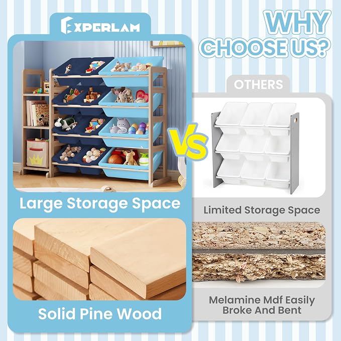 Toy Storage Organizer - Toy Organizers and Storage with Bookshelf, Toy Storage Shelf with 3 Shelves and 12 Storage Bins, Kids Bookshelf and Toy Storage for Kids Room, Playroom, Bedroom, Nursery, Blue - Image 3