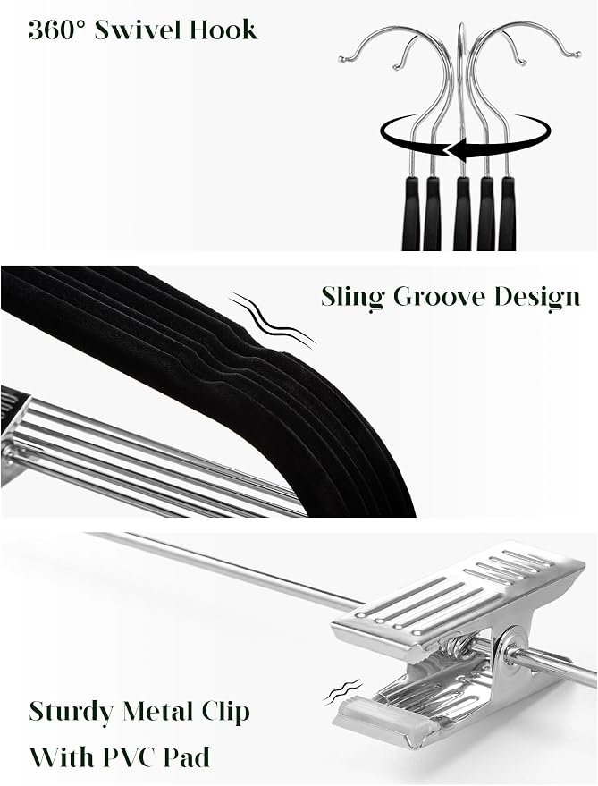 Cozymood Velvet Skirt Hangers 24 Packs Velvet Hangers with Clips - Black | Ultra Thin Non Slip Velvet Pants Hangers Space Saving Clothes Hanger for Trouser, Skirts, Jeans, Outfits, Uniform - Image 3