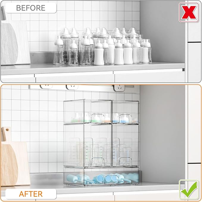5 Set Clear Baby Bottle Organizer for Countertop,BPA FREE Bottle Station Organizer for Breast Pump Parts,Pacifier and Baby Accessories,Stackable Drawers for Bathroom,Cabinet,Pantry Organization - Image 6