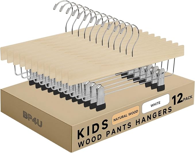 Kids Wooden Pants Hangers for Toddler & Baby Clothes, Natural, 12-Pack | Solid Wood Skirts Hangers with Adjustable Anti-Wrinkle Clips for Children's Trousers, Slacks, Jeans, 12" by BP4U%E2%84%A2