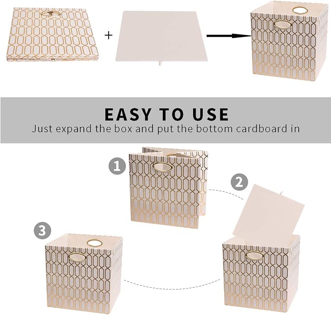 Posprica Storage Bins, Storage Cubes, 11×11 Fabric Drawers Organizer Basket Boxes Containers (11×11×11/4pcs, Cream/gold geometry Pattern) - Image 3