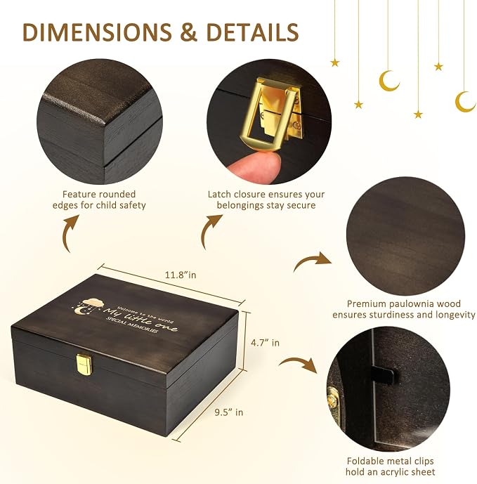Baby Keepsake Box Wooden with 6 Additional Items | 7-in-one Baby Shower Gifts for Girls Boys New Mom, Newborn Essentials Must Haves Memory Box, Engraved with Guidelines, Large - Image 8