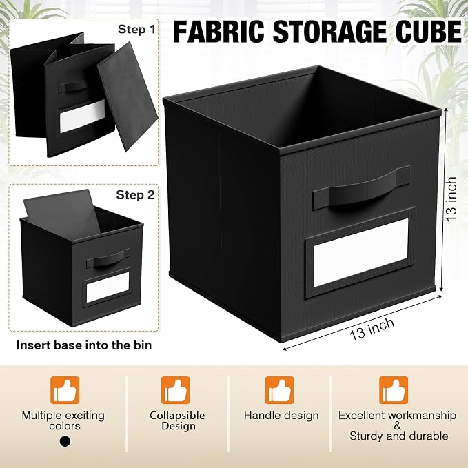 Teenyyou 10 Pack Fabric Storage Cubes 13 Inch Collapsible Cube Bins with Label Window & Handle Foldable Organizers Baskets for Shelf Closet Nursery Kids Room Clothes Book Toy(Black) - Image 3