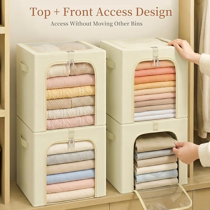 GoMaihe Blanket Storage Bins with Metal Frame for Closet, 55L 4-Pack Beige | Clothing Comforters Bedding Winter Coat, Closet Top Shelf, Collapse-Proof Stackable, Clear Window, Dual Access Space Saving - Image 4
