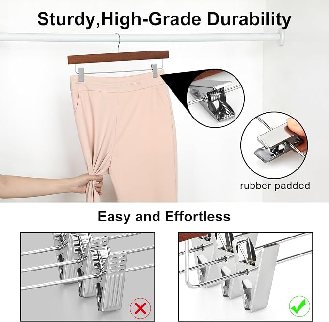 TOPIA HANGER Walnut Wood Pants Hangers, Wooden Skirt Short Jeans Trouser Hanger with Smooth Surface 360° Swivel Hook Anti Rust 2 Adjustable Clips, 20 Pack, CT10PWA20 - Image 5