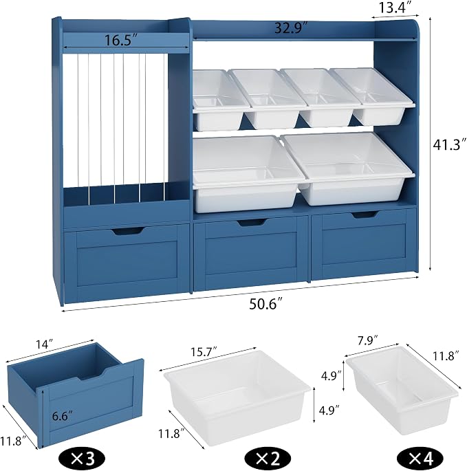 VontinT 50.6" W Montessori Toy Storage with Bins & Rolling Drawers, Wooden | Large Toy Cabinet with 6 Plastic Bins, 3 Rolling Boxes, 140L Stuffed Animal Storage, Toddler Rack for Kids Playroom, Blue - Image 2