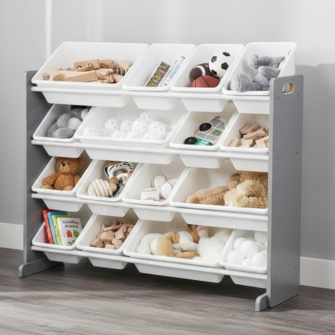 Humble Crew Kids Toy Organizer with 16 Bins, 4 Tier Storage for Playroom | Sturdy wood and steel toddler shelf, removable BPA-free containers, wall anchor anti-tip safety kit for bedroom or classroom - Image 2