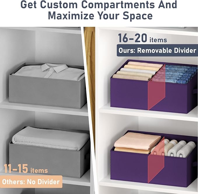 DIMJ Large Closet Shelf Organizer Bins 8 Packs with Handles and Divider, Fabric Trapezoid Storage Baskets, Foldable Clothes Containers Box for Shelf, Towel, Book, Toy, Purse, Hats, Purple - Image 2
