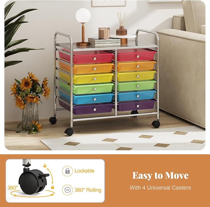 RELAX4LIFE 12-Drawer Rolling Storage Cart - Mobile Utility Cart on Wheels for School Classroom Teacher Office Salon, Paper File Art Supply Craft Organizer, Rolling Cart with Drawers (Rainbow) - Image 5